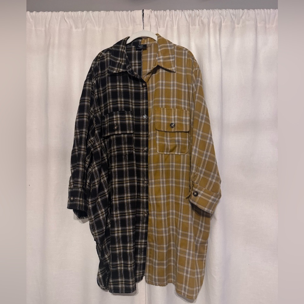 Dressed in LALA Oversized Two-Tone Plaid Button-Down Shirt Dress - L/XL